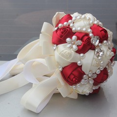 Handmade Luxury Rose Silk Pearls Rhinestone Brooch Wedding Bridal Bouquet Ivory