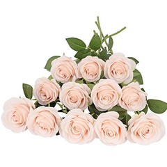 12pcs Roses Artificial Flowers Pink Fake Roses Flowers with Long 12PCS Blush