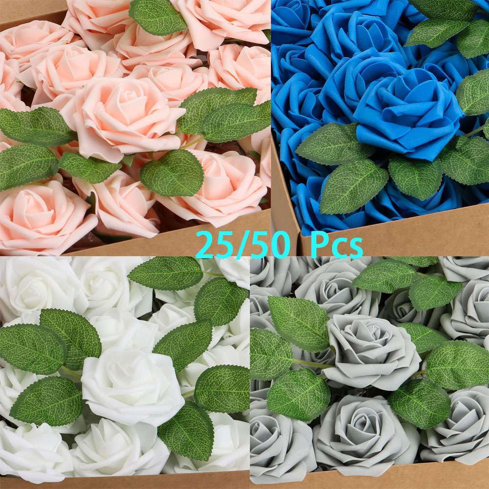 25/50Pcs Artificial Flowers Silk Roses Heads Bulk for Wedding Party Decoration