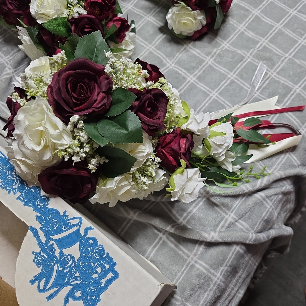 4 Burgundy & White Bridesmaids Bouquets and 1 Burgandy & White Bridal Bouqet