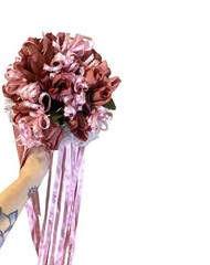 VTG Silk Flower & Lace Streamers Wedding Bridal Bouquet Red Rose & Pink Ribbons