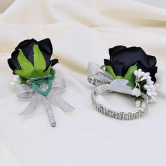 2Pcs Black Rose Corsage and Men Boutonniere Set Women Wristlet Band Wrist Bracel