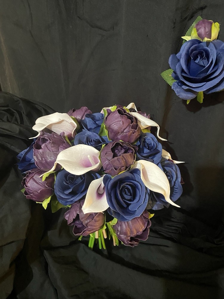 Plum With Navy Blue Silk Roses. With Matching Boutonnière