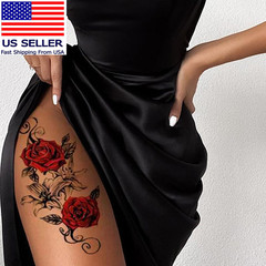 7Pcs Red Temporary Rose Flower Arm & Leg Tattoo Stickers, Sexy Stripper Chest &