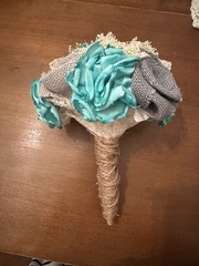 Beautiful Handmade Bridal Bouquet &Boutonnière Set W/Spa Blue Satin, Burlap&Lace