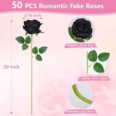 50 Pcs Black Roses Artificial Flowers, Real Touch Velvet Roses Bouquet Fake