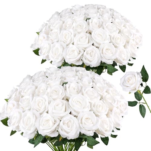 PCS Roses Velvet Realistic Artificial Flowers with Bendable Stems for 48 White