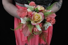 Pink calla lily & rose, creme rose floral bouquet with matching boutonniere