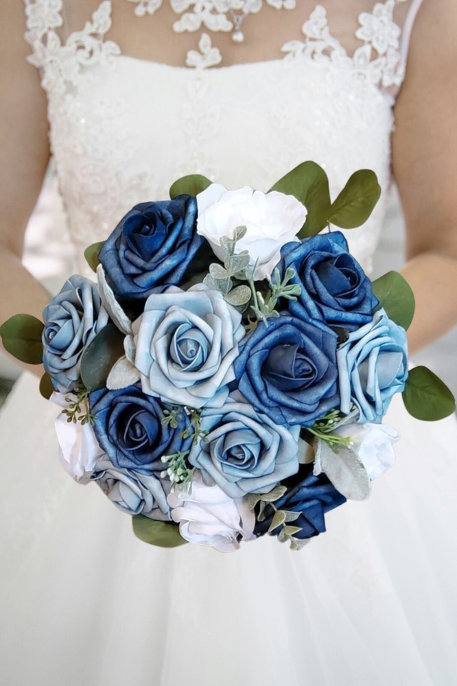Dusty Blue Navy Rose Bridal Bouquet White Wedding Flowers Eucalyptus Bridesmaid