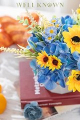 Small Fake Flowers in Plastic Vase 7″ Centerpieces Coffee Sunflowers & Blue