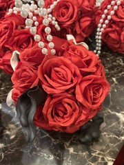 Handmade. Set Of 7 Red Flower/Lillies Balls with Pearl Handle Bridesmaid Bouquet