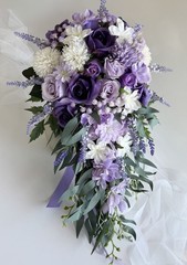 Cascading Wedding Bouquet Purple Lavender Lilac White Flower Bouquets Faux Silk