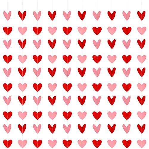 10 Pack Valentines Red Pink Heart Hanging Garland Banners Paper Heart Red＆pink