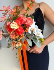 Orange Flower Fields faux wedding bouquet w. orchid, ranunculus, rose, daisy