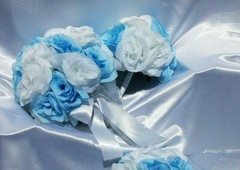 20 Pc Wedding Bouquet Set, Light Blue Roses, White Roses, Bridal Bouquet Package