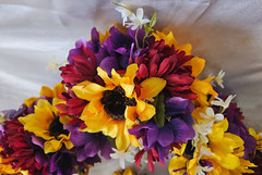 Fall Wedding Bouquet Set, Roses, Sunflowers, Purple, Yellow, Maroon