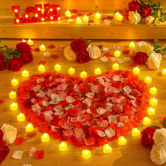 1000 Pieces Artificial Rose Petals with 24 Pcs Flameless Heart Shaped LED Tealig