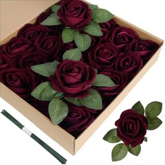 Artificial Flowers Velvet Roses 25 PCS Real Look Silk Flowers with Burgundy