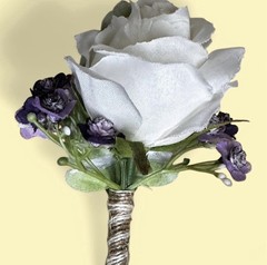 5 Artificial White Rose Boutonnières Wrapped With Twine Accent, Never Used