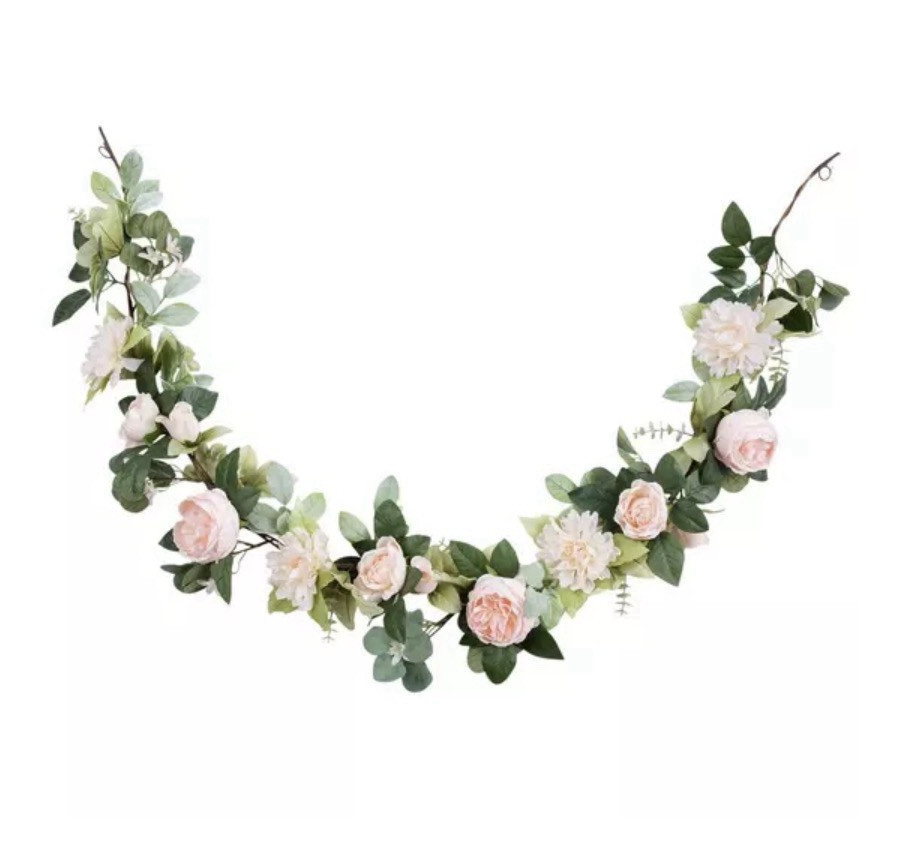 Artificial Garland – Pink Roses & Dahlias, White Flowers, Green Leaves, Wedding