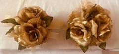 16 pc Artificial Rose Pomander/Wedding Décor / Ribbon, Burgundy/Gold w/Pew Clips