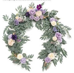 Ling’s Moment Eucalyptus Garland with Flowers, 6FT Wedding Table Decor, Purple