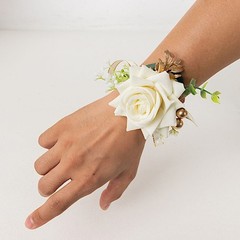 WHITE 2 SILK ROSES 4″ Wrist Corsages with Pearls Wedding Flowers Party Bouquets