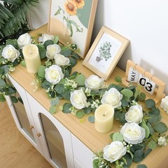 4Pcs(26 Ft) Artificial Eucalyptus & Rose Flower Garland, Faux Rose 4PCS White