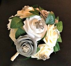 Silver, White & Cream Rose Bridal Bouquet Rhinestone & Pearl Brooch Decoration