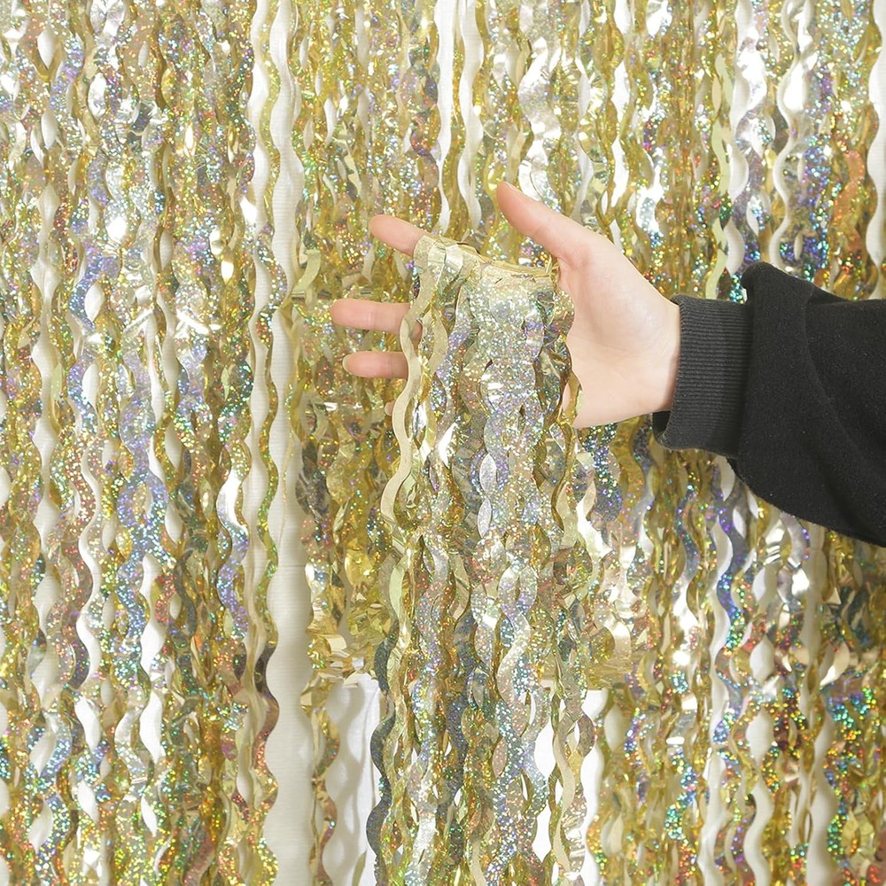 4Pack Gold Metallic Tinsel FringeCurtains Backdrop for Holiday Celebration Party