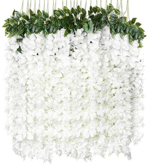 8pcs Artificial Wisteria Flowers 4.58Ft Fake Silk Wisteria Vine White-8pcs