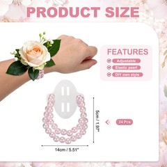 24 Pcs Pearl Corsage Wristlet, Elastic Wrist Corsage Bracelets Bands, Pink