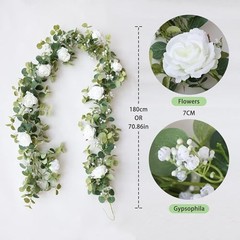 5.91FT Artificial Eucalyptus Garland with Flowers, Fake Rose 2PCS Ivory White