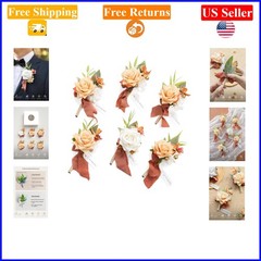 Set of 6 Terracotta & White Artificial Flower Boutonnieres for Men, Wedding &…