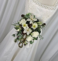 Petite Whites and Pine Faux Silk Cascade Wedding Bouquet