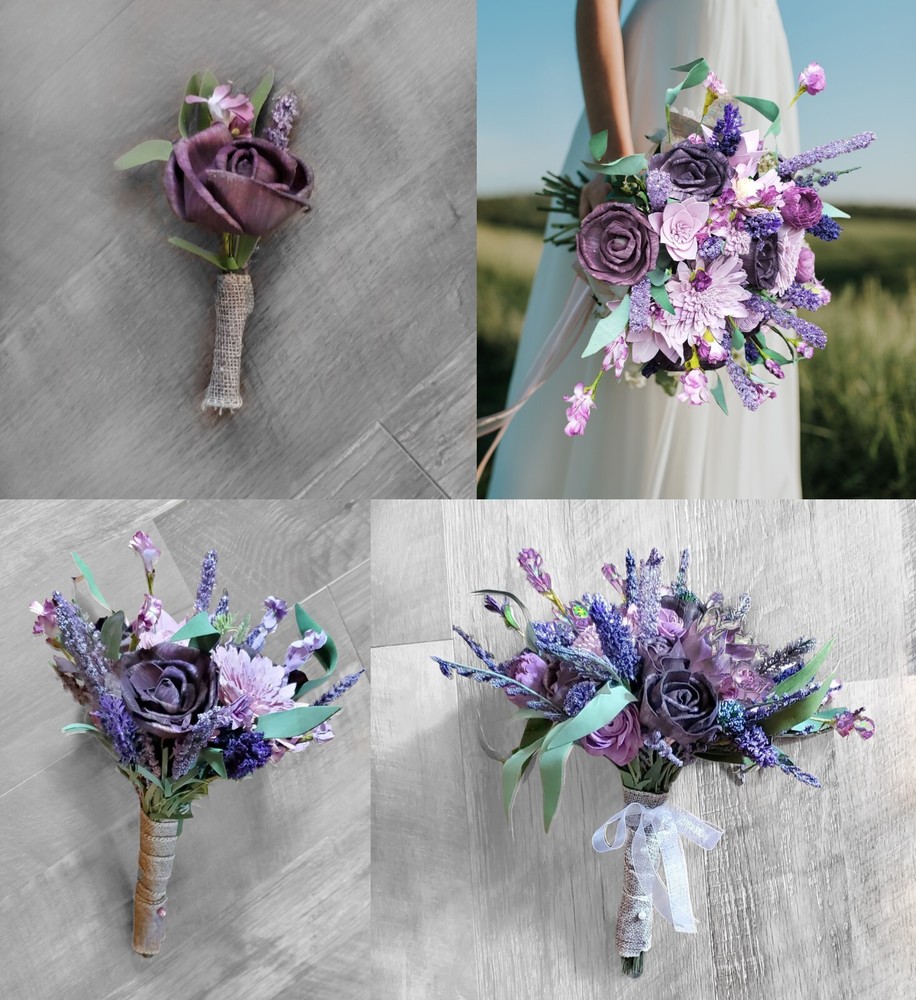 4PC Purple Lavender 1 Bridal Bouquet & 1 Bridesmaid Sola Wood Wildflower Wedding