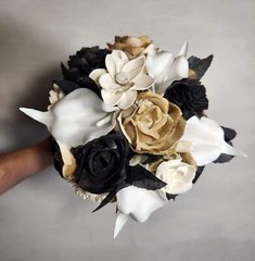 Champagne Gold Ivory Black Rose Calla Lily Sola Wood Bridal Wedding Bouquet Acce