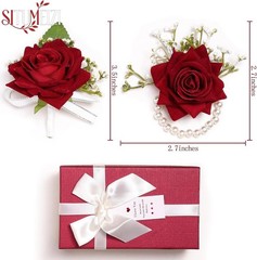 Silk Red Rose Corsage and Boutonniere Set for Prom Wedding Party Gift Box