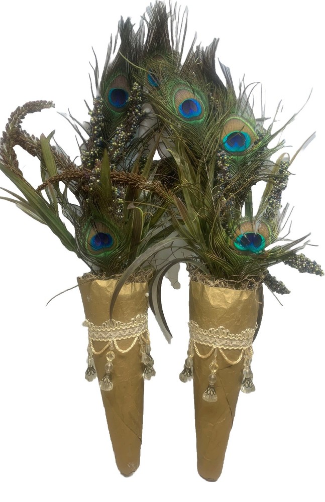 Handmade Peacock Feather Bouquet Cone Pair 24″Gold/Multicolor Tassels Jewels