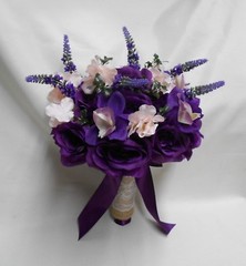 Rustic Package Silk Flower Wedding Bridal Bouquet Eggplant Lavender Lace Burlap