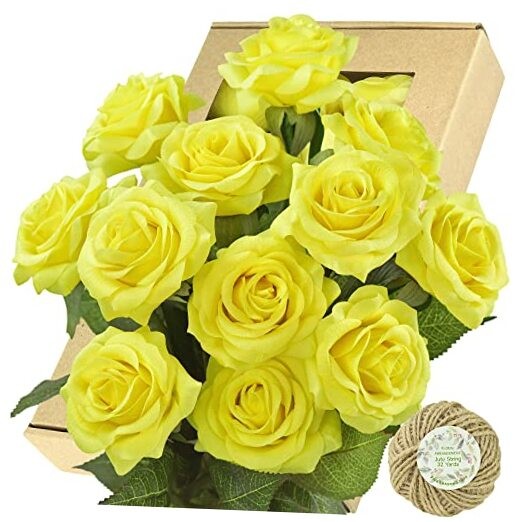 Fake Roses Wedding Flowers Real Touch Silk Yellow Artificial Flowers 12 Stems
