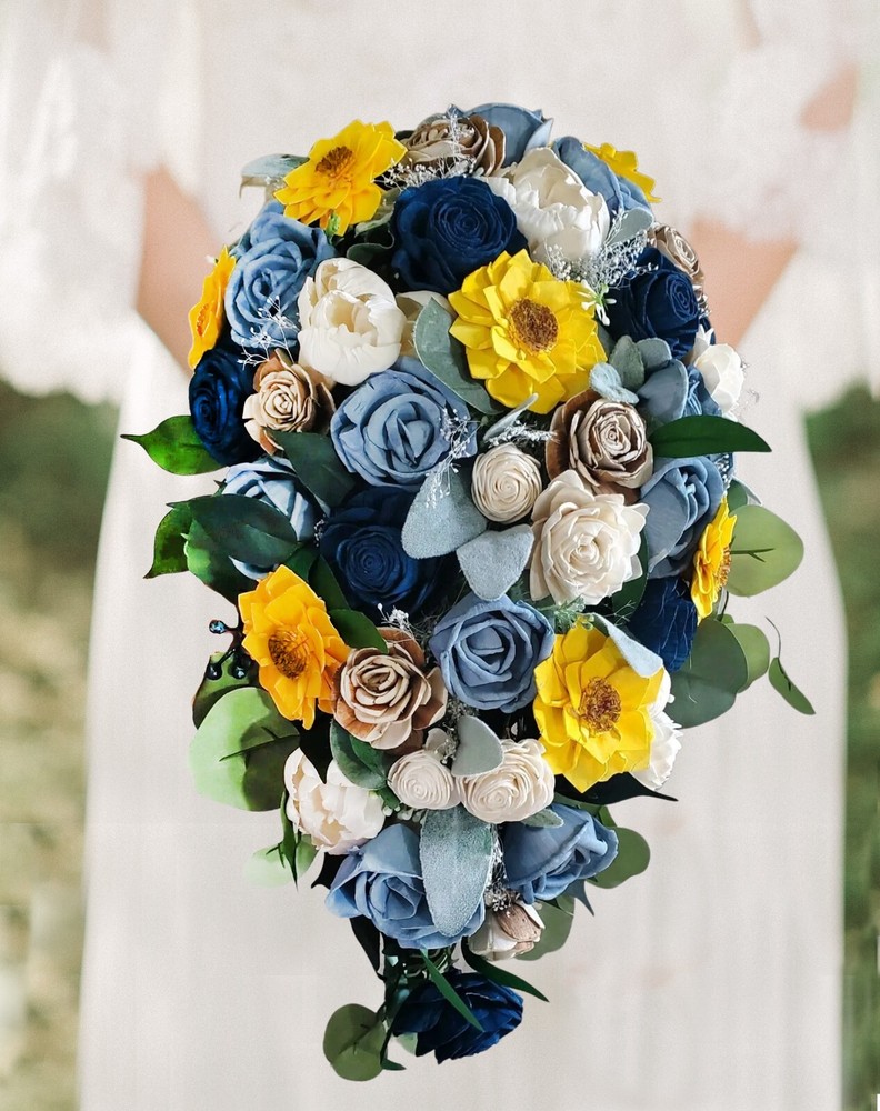 Dusty Blue Navy Sunflower Sola Wood Cascade Bridal Bouquet & Wedding Flowers