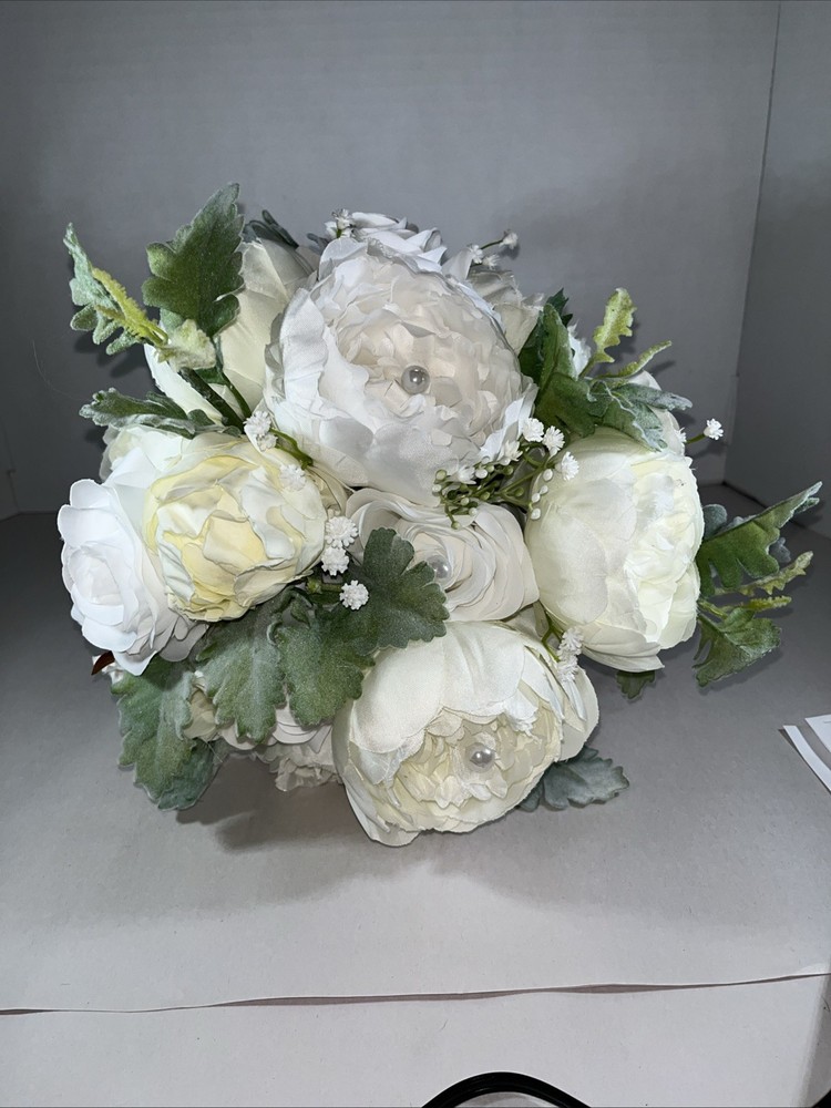 Bridal Bouquet Ivory White Roses Ranunculus Silk Flowers Pearl Center Weddingnew