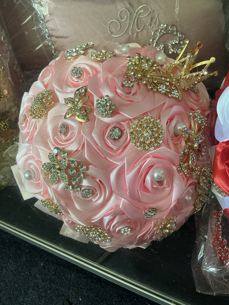 Artificial Rose Flower Bouquet Pink Gold Wedding Gold Crown Pearl Accents