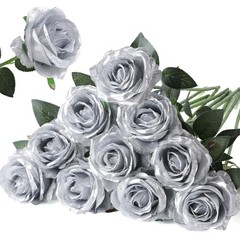 Artificial Silk Rose Flower Bouquet Lifelike Fake Rose for Wedding Home Silver