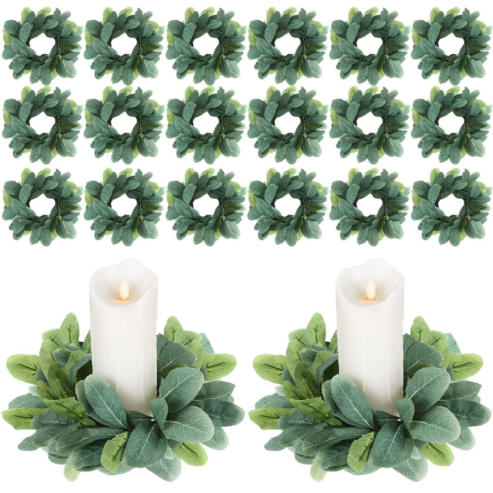 Panelee 20 Pcs Wedding Candle Rings Wreaths Green Eucalyptus Leaves Artificia…
