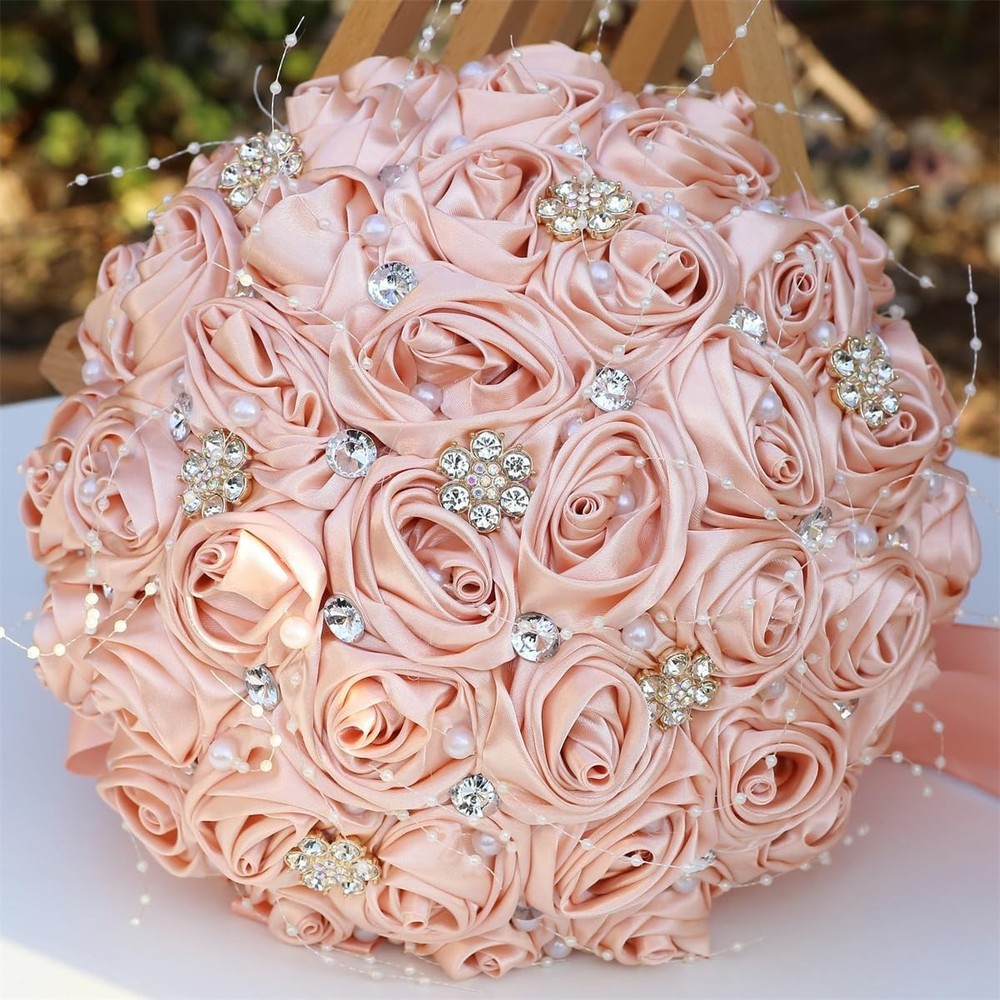 Satin/Brooch Rhinestone Light Blush Pink FlowerFloral Wedding Bridesmaid Bouquet