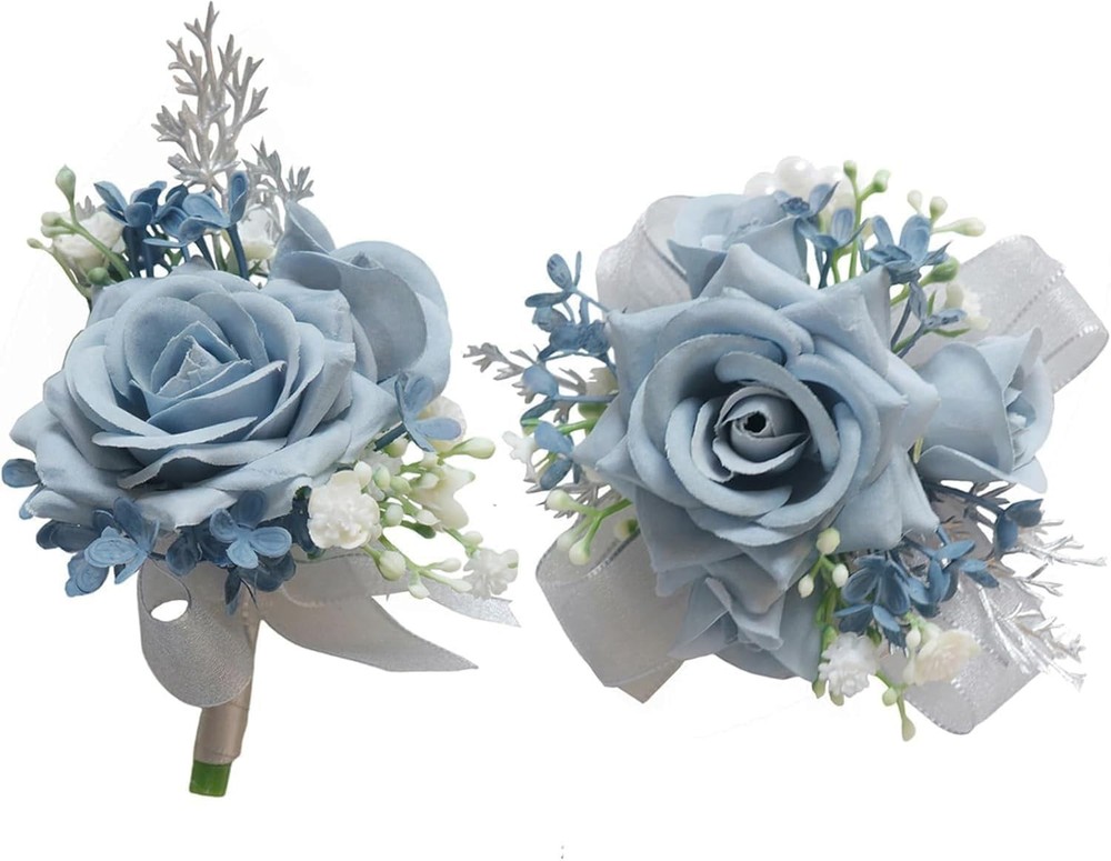 MAFELOE Wrist Corsage and Boutonniere Set Artificial Rose Flowers Blue