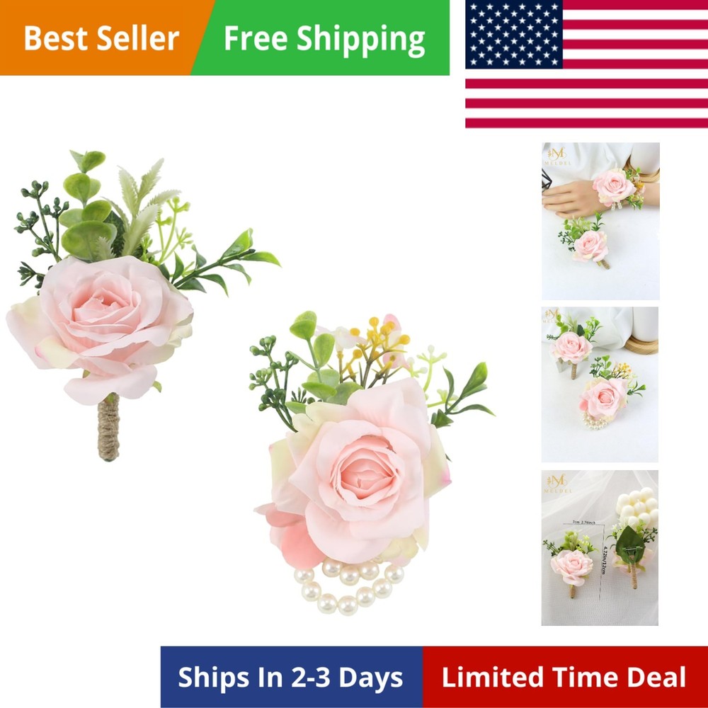 Wrist Corsage and Boutonniere Set2pcs, Artificial Silk Rose Pink Wrist Flower…