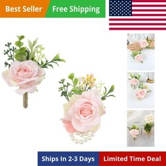 Wrist Corsage and Boutonniere Set2pcs, Artificial Silk Rose Pink Wrist Flower…